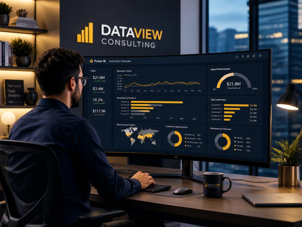 Consultor analisando dashboards de Power BI em estação de trabalho corporativa